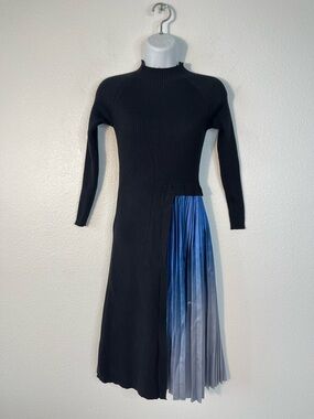Dalia MacPhee Mock Neck Ribbed Knit Dress with a Pleated Ombre Skirt Size Small
